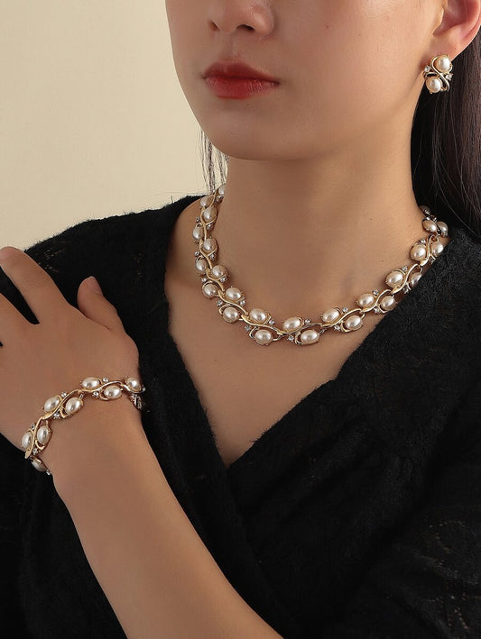 Faux Pearl Decor Necklace & Earrings & Bracelet