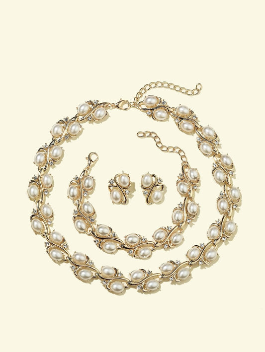 Faux Pearl Decor Necklace & Earrings & Bracelet