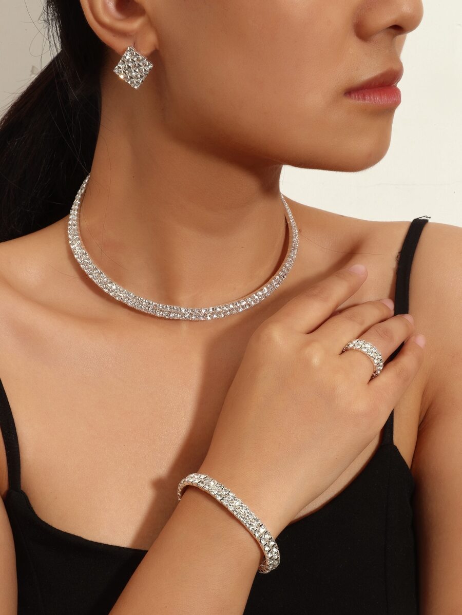 5pcs Rhinestone Decor Jewelry Accessory Silver Set