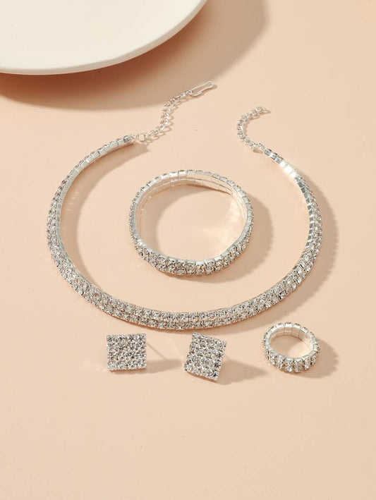 5pcs Rhinestone Decor Jewelry Accessory Silver Set