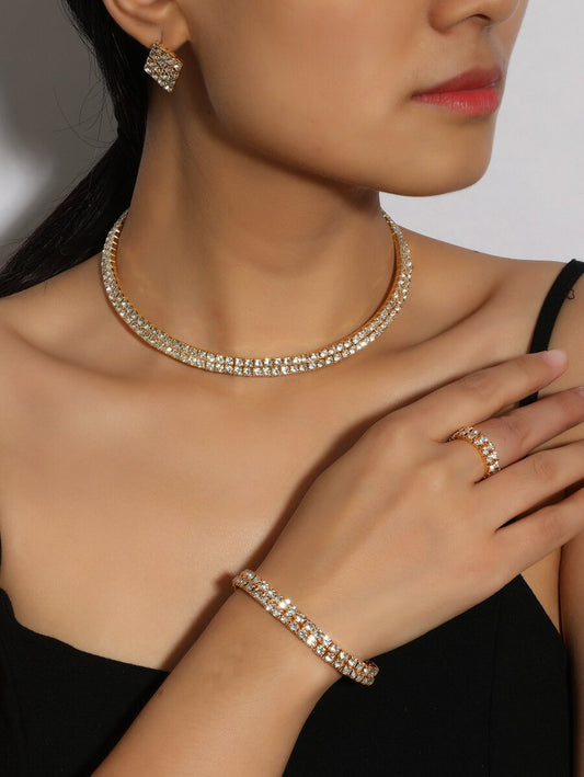 5pcs Rhinestone Decor Jewelry Accessory Gold Set