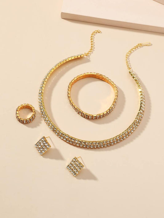 5pcs Rhinestone Decor Jewelry Accessory Gold Set