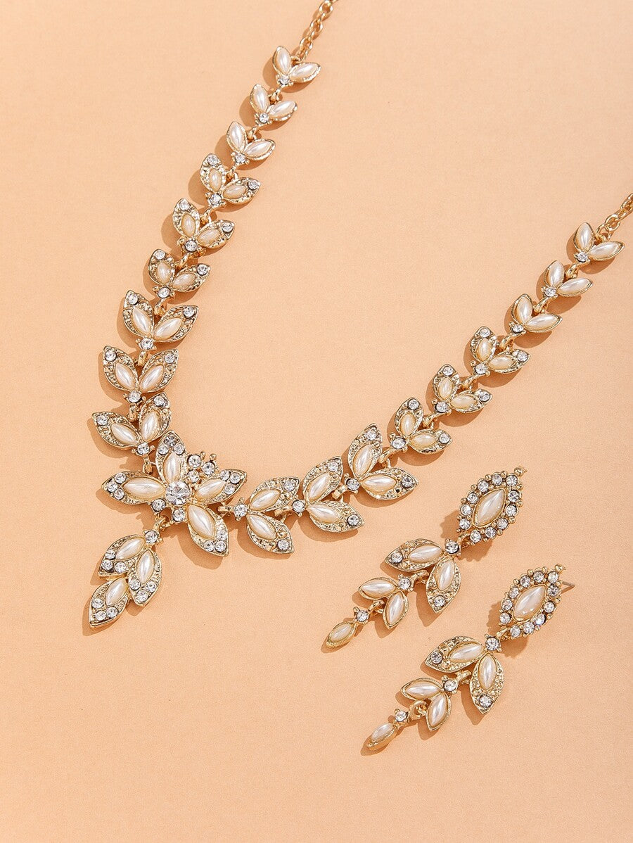 3pcs Rhinestone & Faux Pearl Decor Jewelry Set