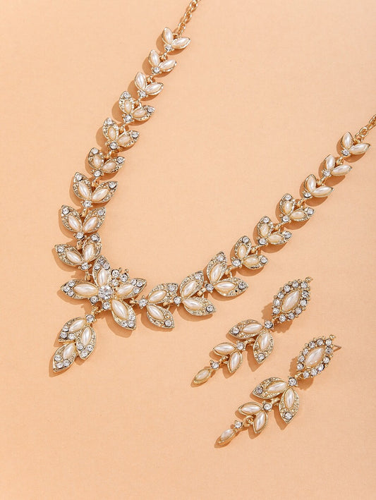 3pcs Rhinestone & Faux Pearl Decor Jewelry Set